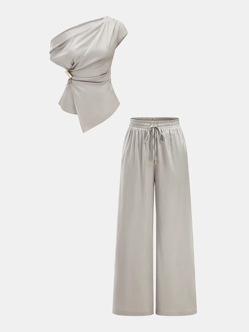 166 Satin One-Shoulder Top & Drawstring Pants Set
